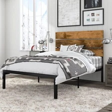 Twin Platform Bed Frame with Rustic Wooden Headboard, No Box Spring Needed