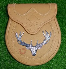 Handmade Real Tan Leather Brogue Style Staghead Premiume Scottish Kilt Sporran