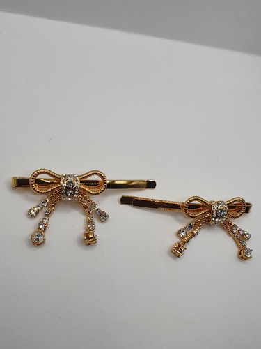 Miu Miu 18 K Gold Pair Plated Crystal Bow Hairclips - Picture 5 of 6
