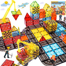 Magnetic Tiles Kids Construction Toys - Road Set with Magnet Crane for Boys Age