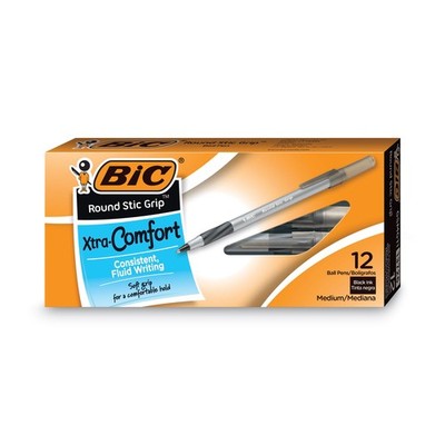 BIC  Round Stic Grip Xtra Comfort Ballpoint Pen, Black Ink, 1.2mm, Medium, Dozen
