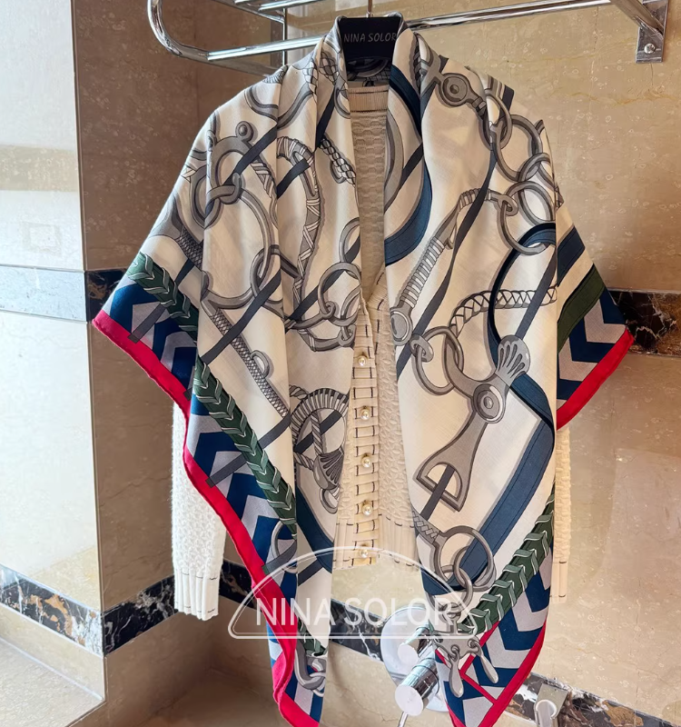 100% Cashmere Wrap Shawl Square Blue Horsebit Print Bandanna Scarf 130X130cm NEW