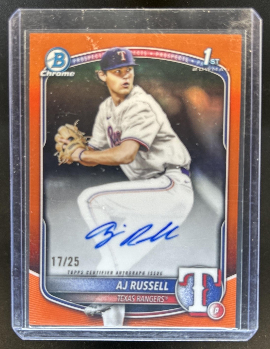 2025 Bowman Draft AJ Russell Chrome Auto Orange Refractor 1st #/25 Rangers