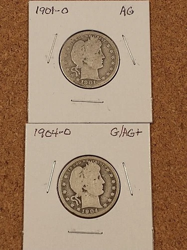 1901-O & 1904-O Better Date Silver Barber Quarters, AG/AG+ Condition