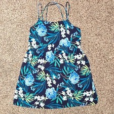 Old Navy Blue and Green Floral Dress XL Pockets Summer Tropical Spaghetti Straps