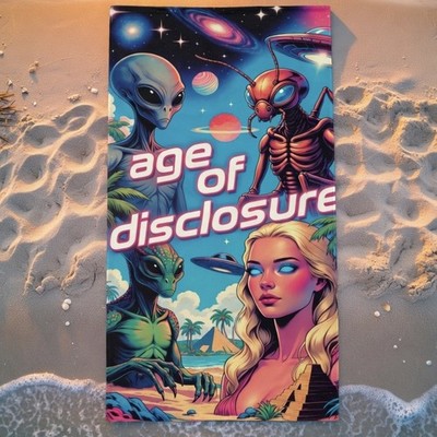 Cosmic UFO Beach Towel - Age of Disclosure Miami Art Deco Neon Blue Pink