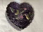 Fenton Purple Iridescent Glass Heart Shaped Trinket Box w/ Hummingbirds signed