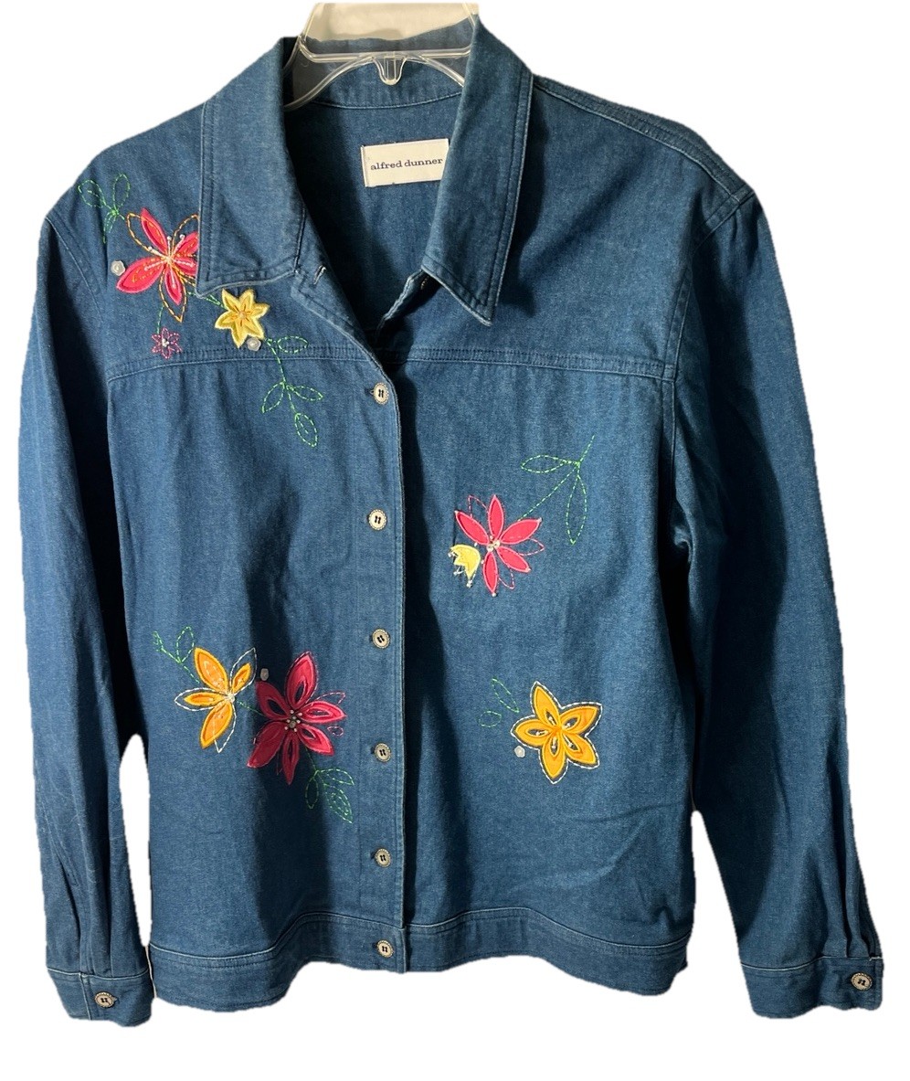 Alfred Dunner Woman’s Blue Denim Floral Embroidery/Appliqué Jacket Sz 16