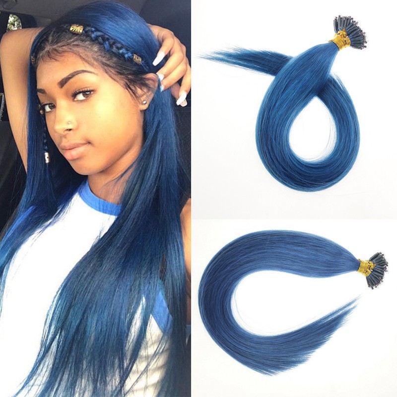 Nano Ring Real Human Hair Extensions Nano Beads Link Remy Russian Hair Blue 24in