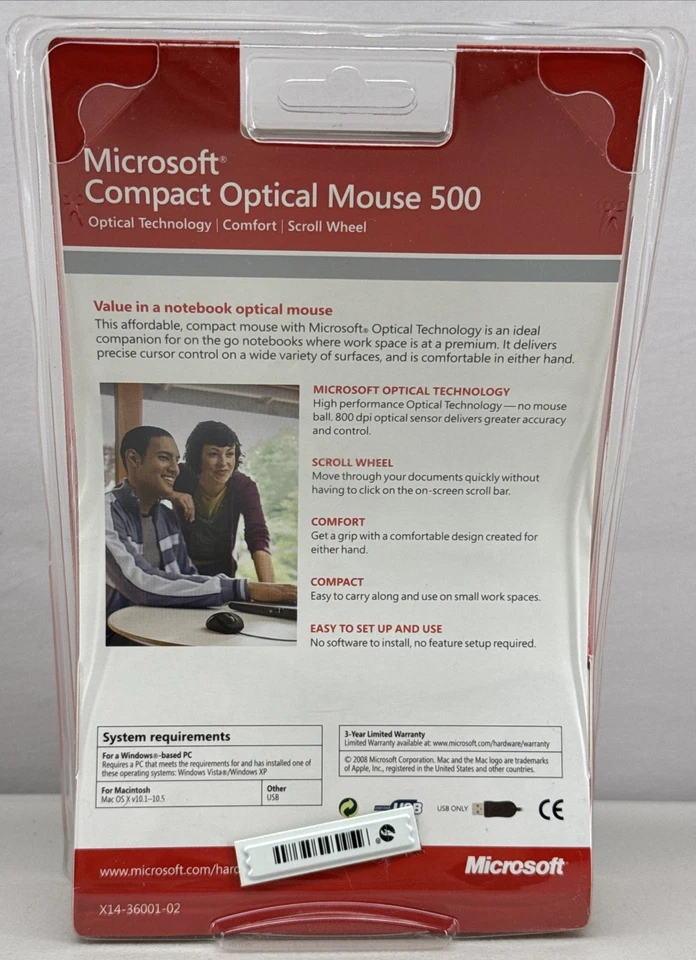 Microsoft Compact Optical 500 Wired USB Scroll Wheel Mouse Model 1344 New Sealed - Image 2 of 3