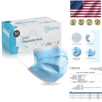 Fluid Resistant Disposable Face Masks, 3-Ply Ear Loop - 50 Count, Latex Free