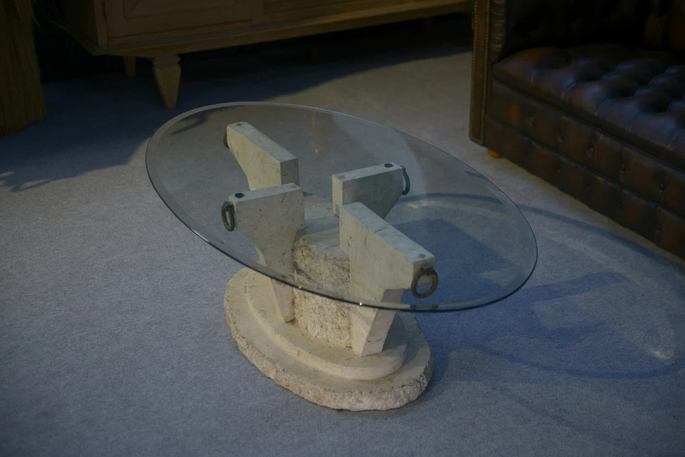 Table basse ovale vintage résine imitation travertin 1970's - Photo 4/4