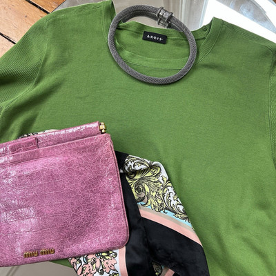 Akris Punto Green Fine Knit Top XL Luxury Minimalist Short Sleeve Sweater