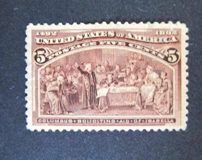 US Scott #234 5-cent Columbus Soliciting Aid 1893 Mint, Hinged OG - Image 1 of 2