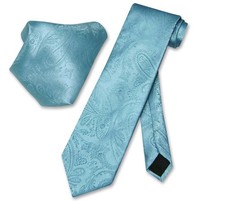 Men's Turquoise Blue Paisley Necktie and Handkerchief Matching Tie Set Silk