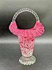Vintage Fenton Cranberry Pink & Clear Ruffled Hand Blown Spatter Footed Basket