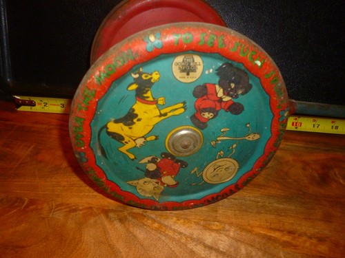 1940's The Gong Bell Mfg Co Tin Litho & Wood Push Toy 24" - Picture 4 of 5