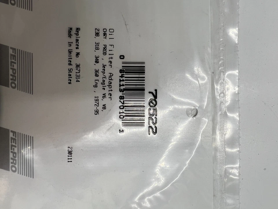 Vedação adaptador de filtro de óleo do motor Fel-Pro 70522 substitui 3671314 1972-95 Jeep - Imagem 2 de 4