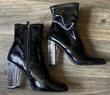 Steve Madden Eminent Ankle Boot Clear Block Heel Black Paten Leather Women 8.5 M