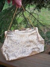 VINTAGE Vinyl Gold Thread Handbag Purse Evening Bag Rhinestone Flowers