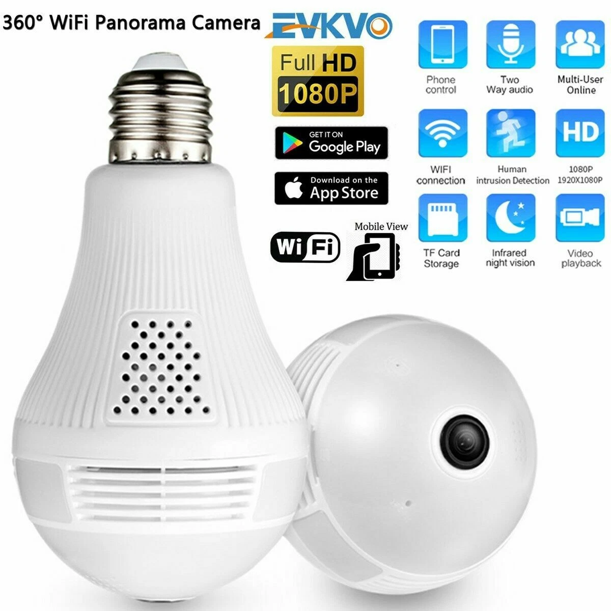 360° Panoramic Fisheye Lightbulb Camera Lamp 960P/1080P HD Smart.