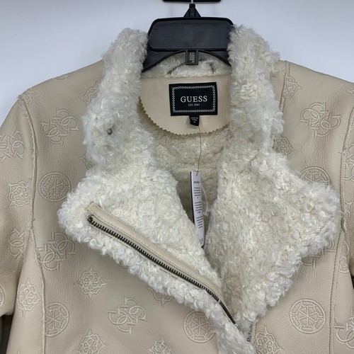 Guess Coat Womens Size Medium Hennie Logo Faux Leather Shearling Zip Cream NWT - Picture 7 of 18