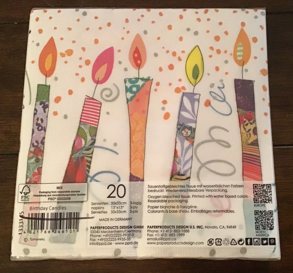 PPD Birthday Party Colorful Cocktail Beverage Napkins 3 ply Made in Germany 20ct - Image 2 of 2