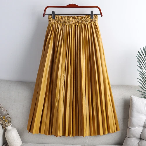 New Ladies Pleated Faux Leather Skirt High Elastic Waist Frill Elastic Waist UK - Picture 21 of 35