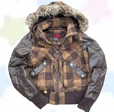 Y2K Ecko Red Womens Brown Plaids Leather Sleeve Fur Lined Hoodie Jacket XL