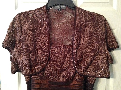 KM COLLECTION MILLA BELL Lace Sequins Rust Brown 2Pc Jacket Dress Size 18 Misses - Picture 2 of 10