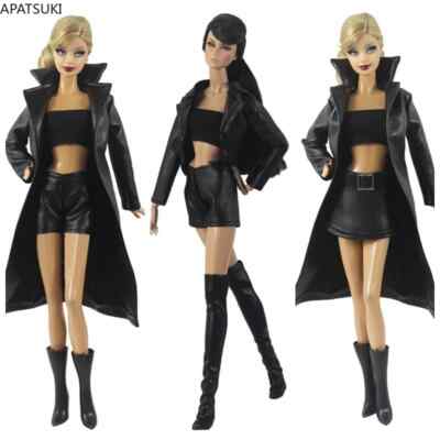 Schwarz Lederkleidung für Barbiepuppe Jacke Oberteil Rock Stiefel Outfit Zubehör