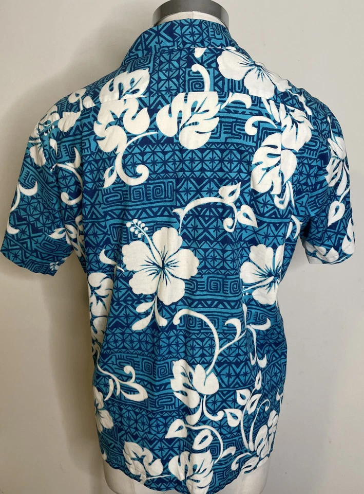 Camisa masculina branca azul havaiana real vintage XL hibisco tropical botão frontal - Imagem 2 de 4