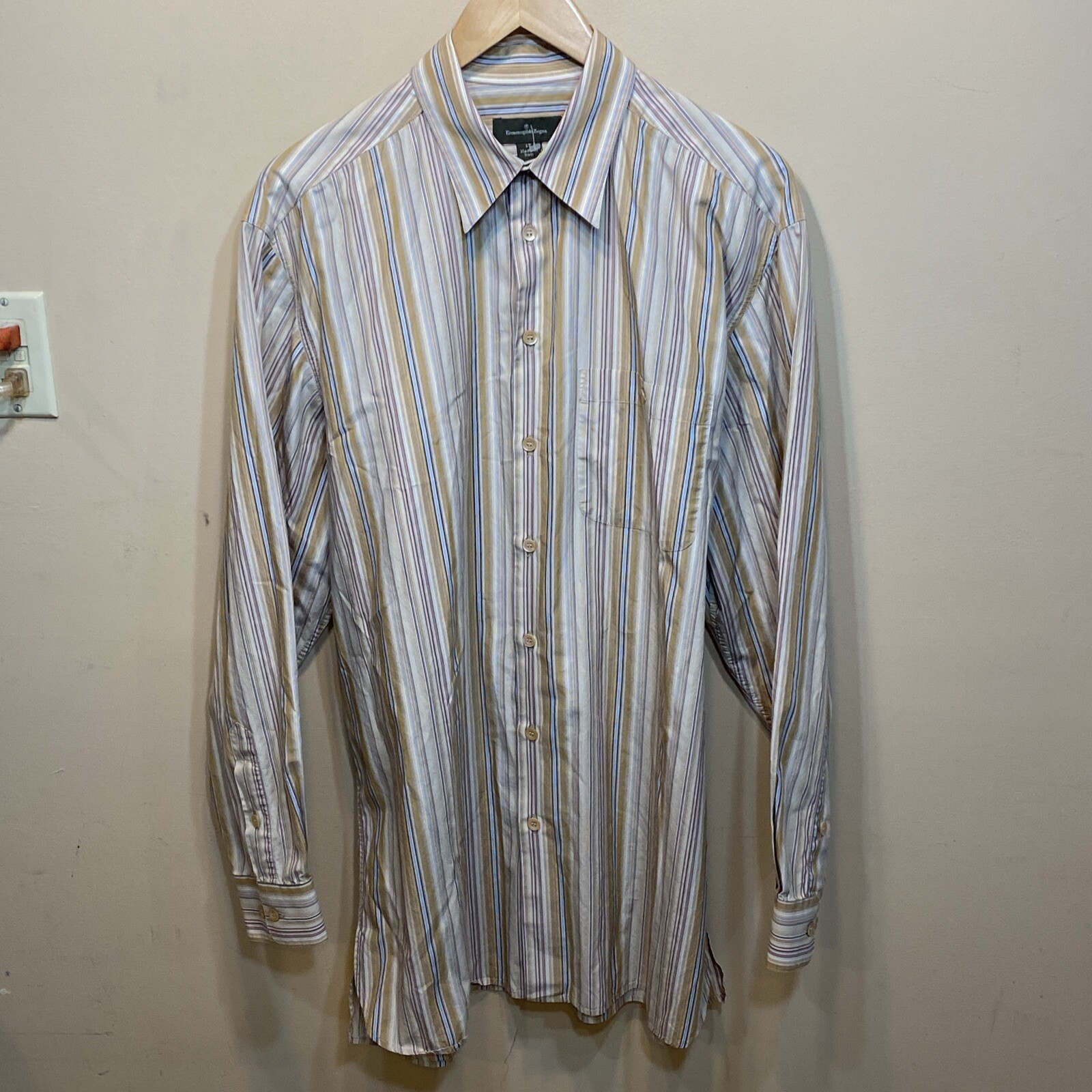 Ermenegildo Zegna Mens Dress Shirt Beige Blue Red LT Finest Cotton Made In Italy