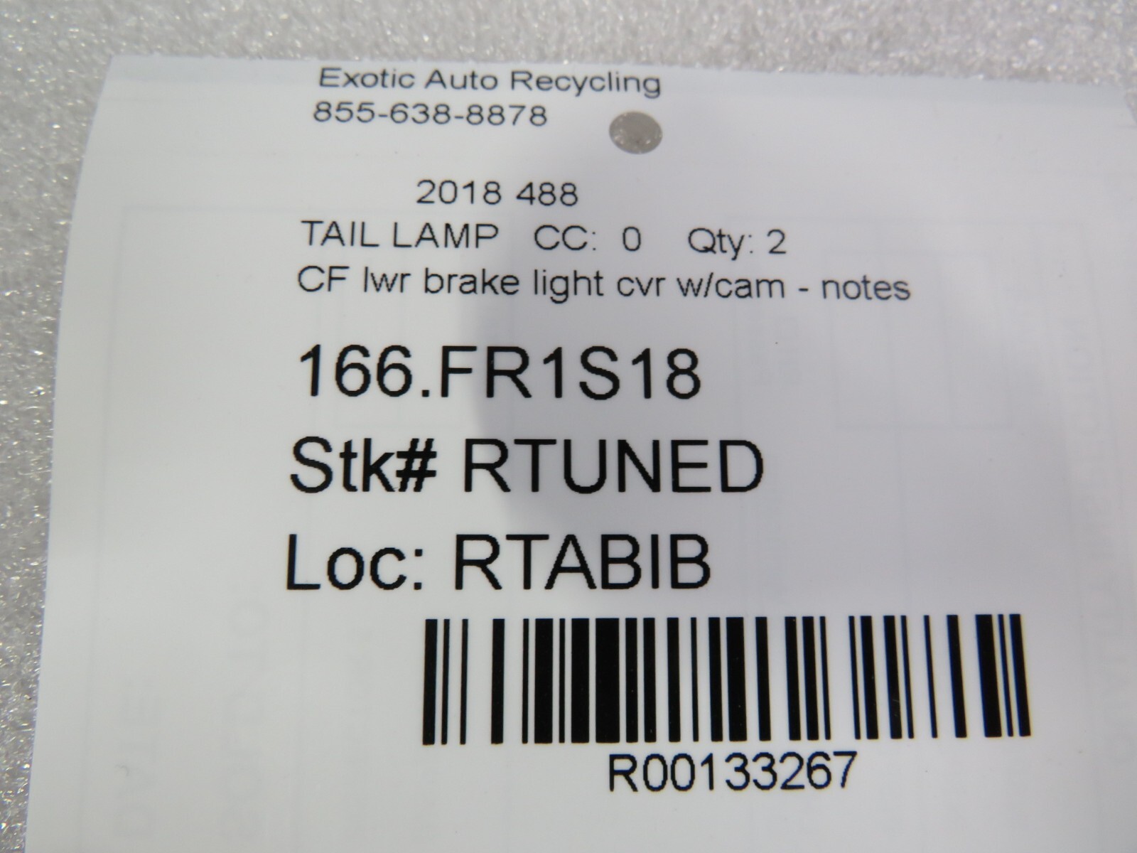2018 Ferrari 488, Carbon Fiber, Lower Brake Light Cover w/Camera Hole, New