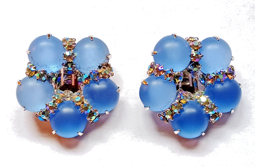 Pendientes de clip vintage de cabujón de vidrio azul y diamantes de imitación AB - Imagen 4 de 9