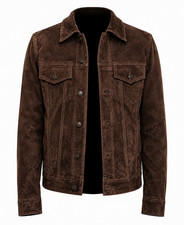 Mens Real Suede Leather Jacket Dark Brown Tru...