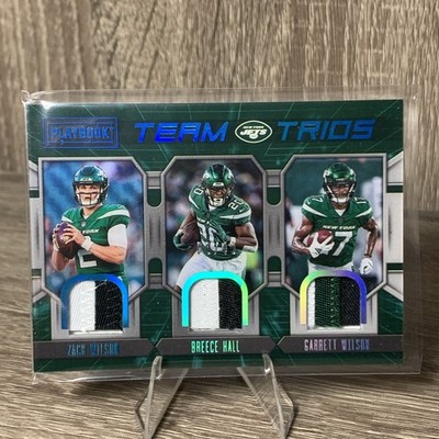 2022 Panini Playbook Team Trios Garrett & Zach Wilson, Breece Hall Platinum /49 