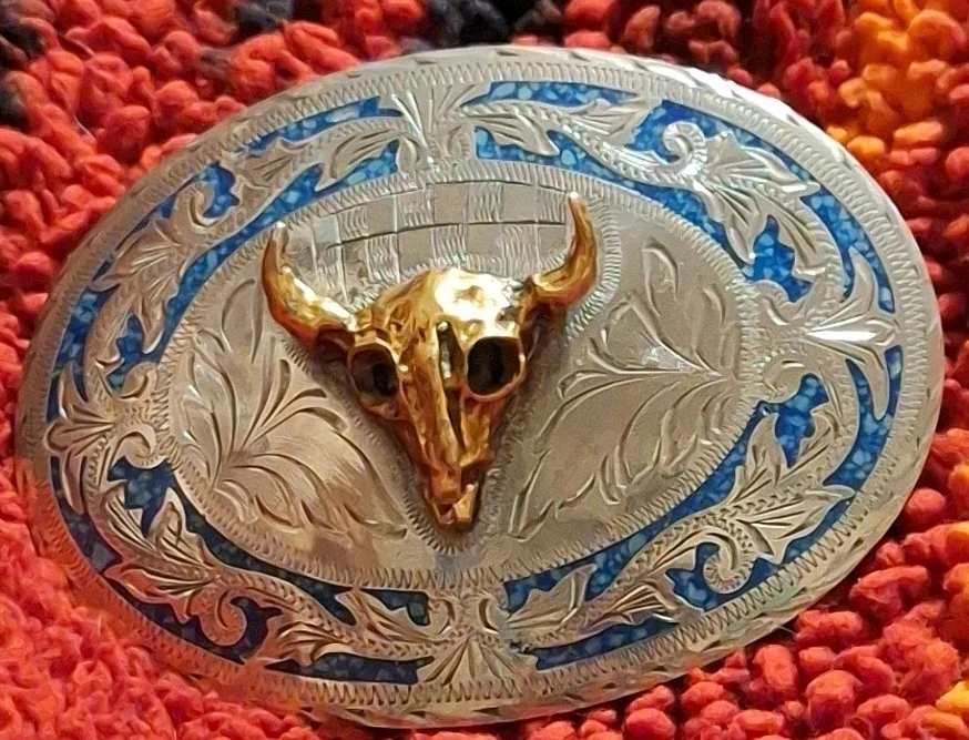 Бирюзовая Инкрустация Руль Бизон Череп Ремень Пряжка Редкая Винтажная 1970-е Альпака Серебро - Изображение 3 из 4