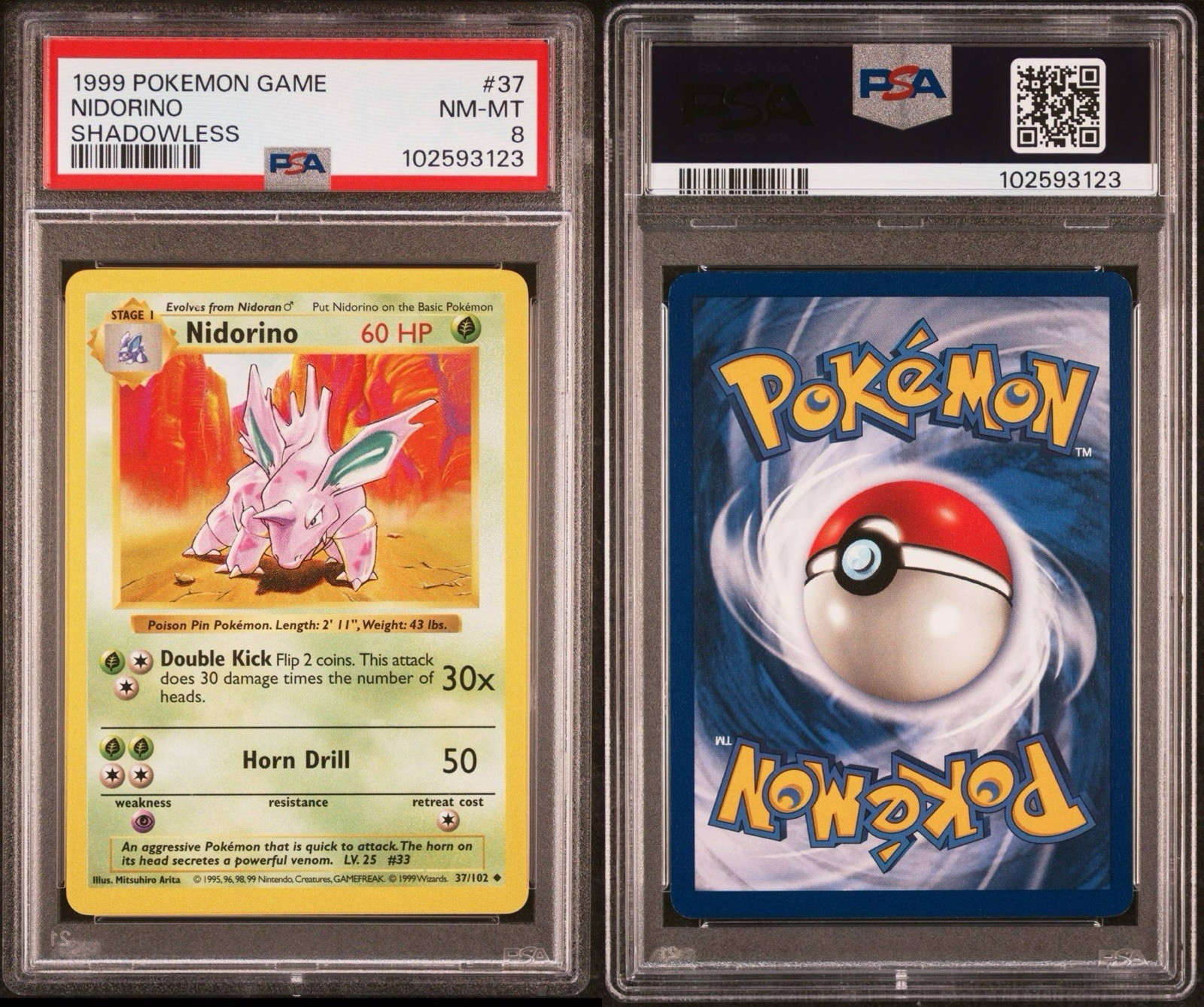 1999 Pokemon Game Base NIDORINO SHADOWLESS #37 PSA 8 RARE
