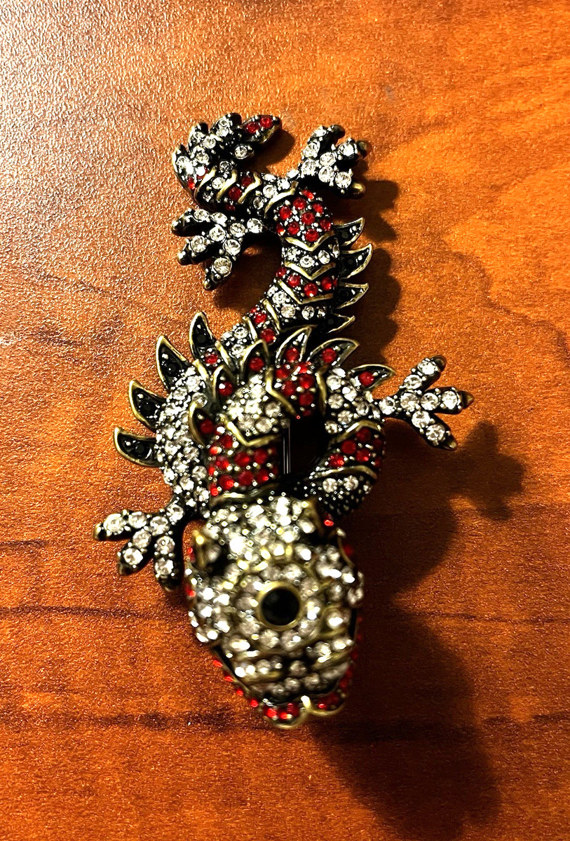 Heidi Daus Clear & Ruby Crystal Dragon Foo Dog Brooch Lizard 3” Signed View 2