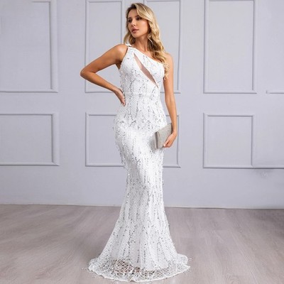 Luxurious White Sequin Mermaid Evening Dress with Slim Fit through Hip to  Train | eBay
