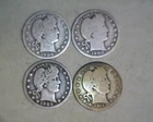 4 BARBER QUARTERS, 1900-O,1900-S,1902,1911-S, BELOW SILVER VALUE