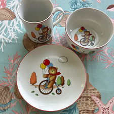 Kids Dish Set Plate Bowl Cup White/Multicolor Bear Bicycle Balloons Design