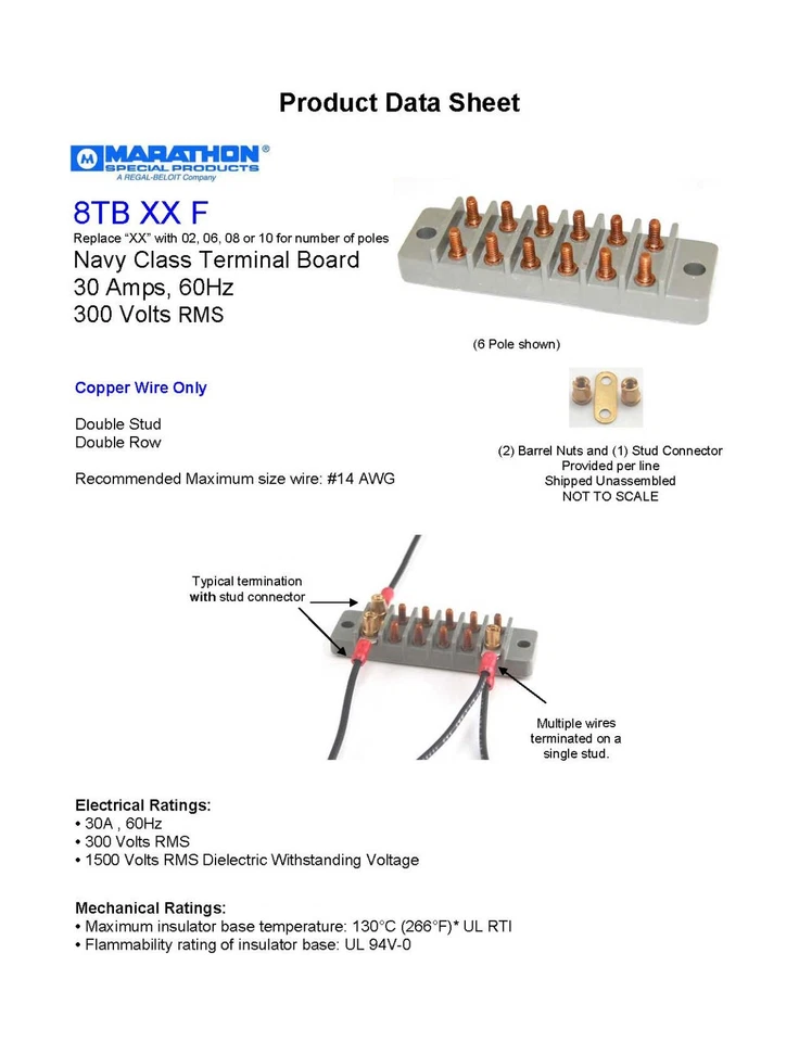 Marco 8TB10, Barrier Terminal Block, 2 Row, 10 Pos, 14 AWG, 9.5 mm, 30 A (NOS) - Image 3 of 4