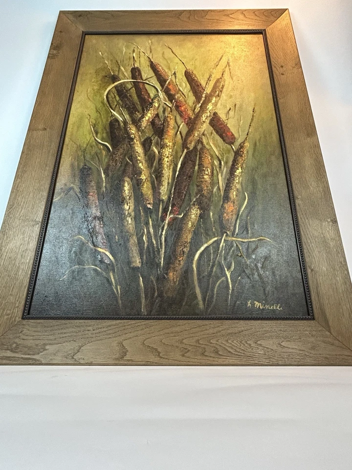 Pintura a óleo original Helene Minelli Cattails cena natural rústica emoldurada 42x30 - Imagem 4 de 4
