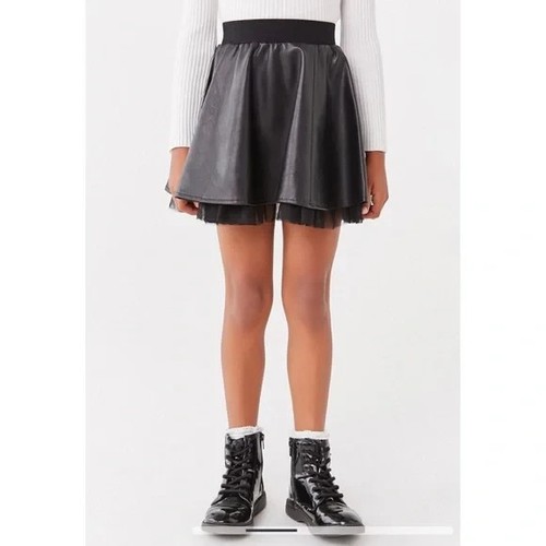 RARE Forever 21 Girls Black Faux Leather Skirt With Tule Trim Sz 9/10 - Picture 3 of 4