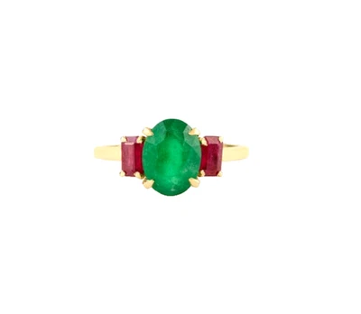 2.00 Karat Natürlicher Smaragd & Rubin Drei Stein Ring für Damen IN 14k Gelbgold - Bild 1 von 4