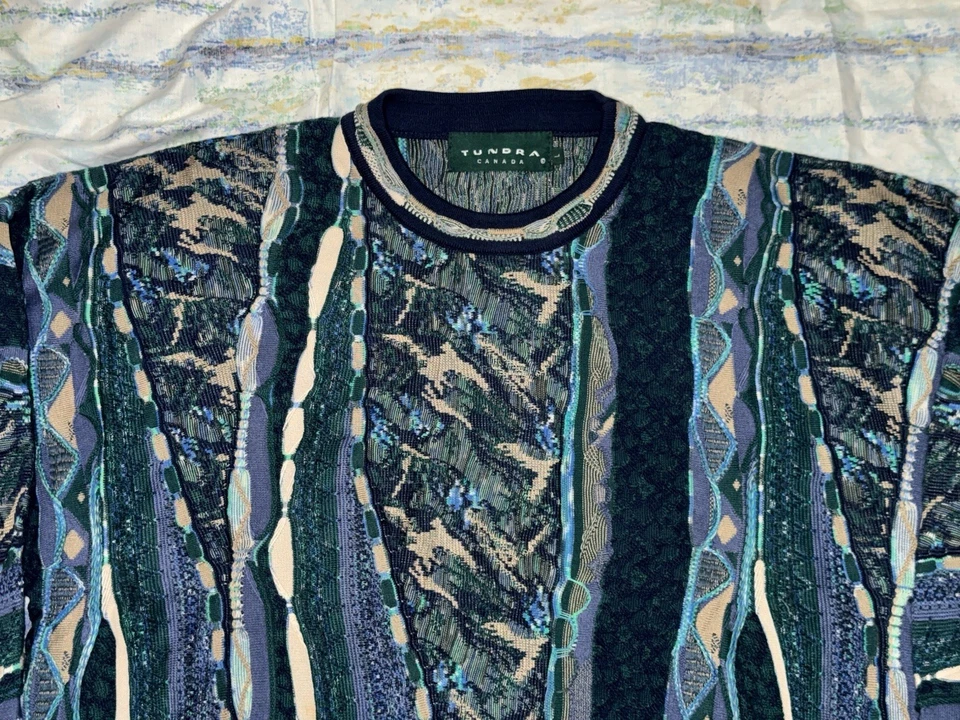 Vintage Tundra Coogi Style 3D Knit Sweater 90s Men’s Large Purple Green Brown - Image 2 of 4