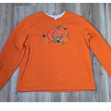 Vintage Halloween Pumpkin Embroidered Orange Sweatshirt Large 12/14 Fall Fleece