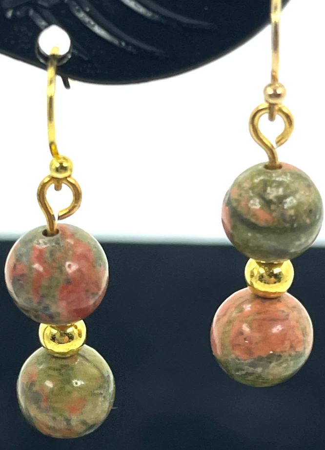 Earrings Gold Tone Hooks w/ Green & Orange Polished Unakite Crystals Drop = 1" - Image 4 of 4